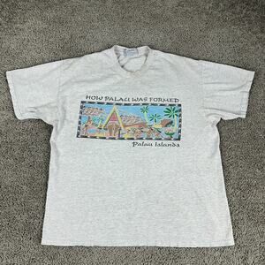 VINTAGE Palau Islands Shirt Mens XL Gray How Palau Was Formed Oceania Lee 90s